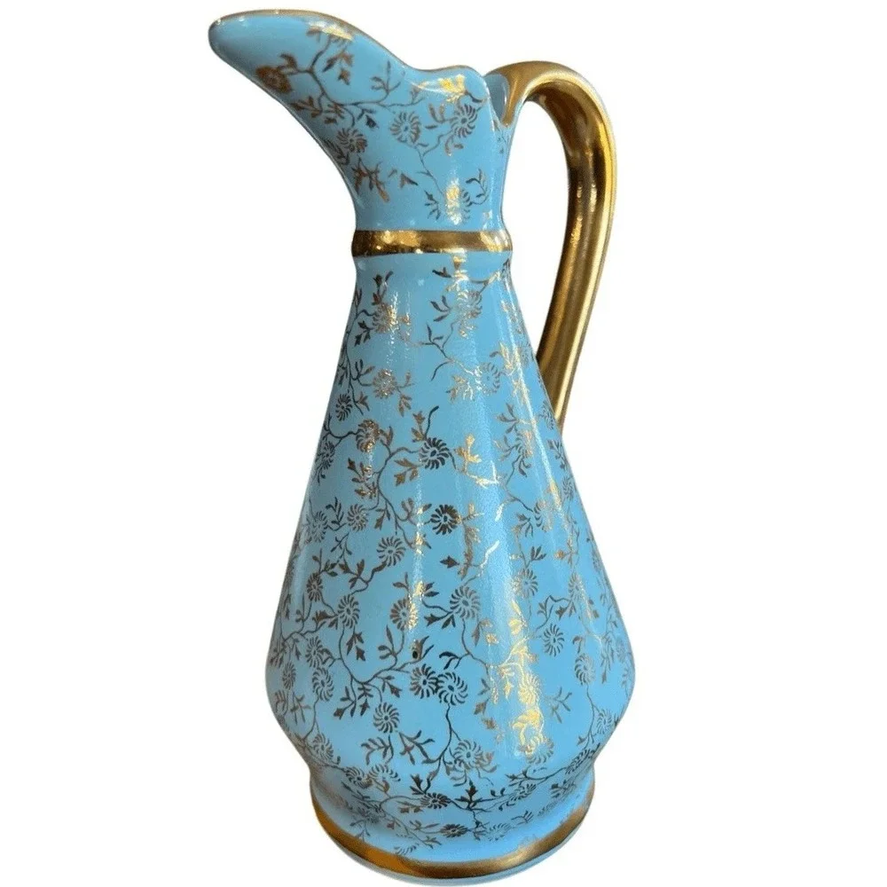 Vintage Pearl China Tiffany Blue Mini Pitcher Creamer Bud Vase 22KT Gold Cottage
